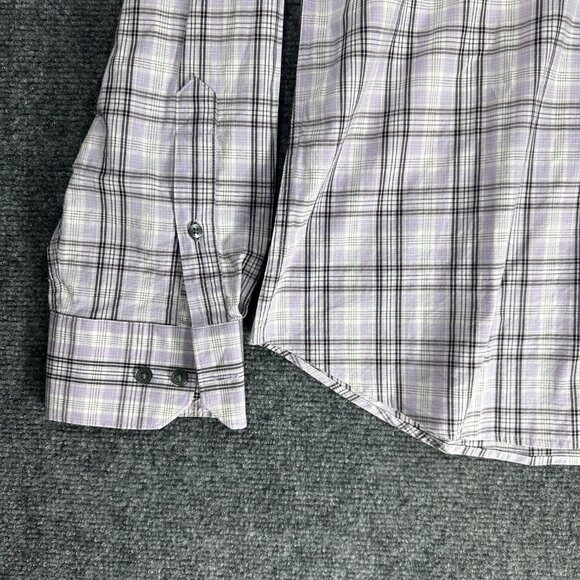 Express Shirt Mens Large Fitted Button Up Purple Stretch Plaid Roll Tab Sleeve - Picture 5 of 10